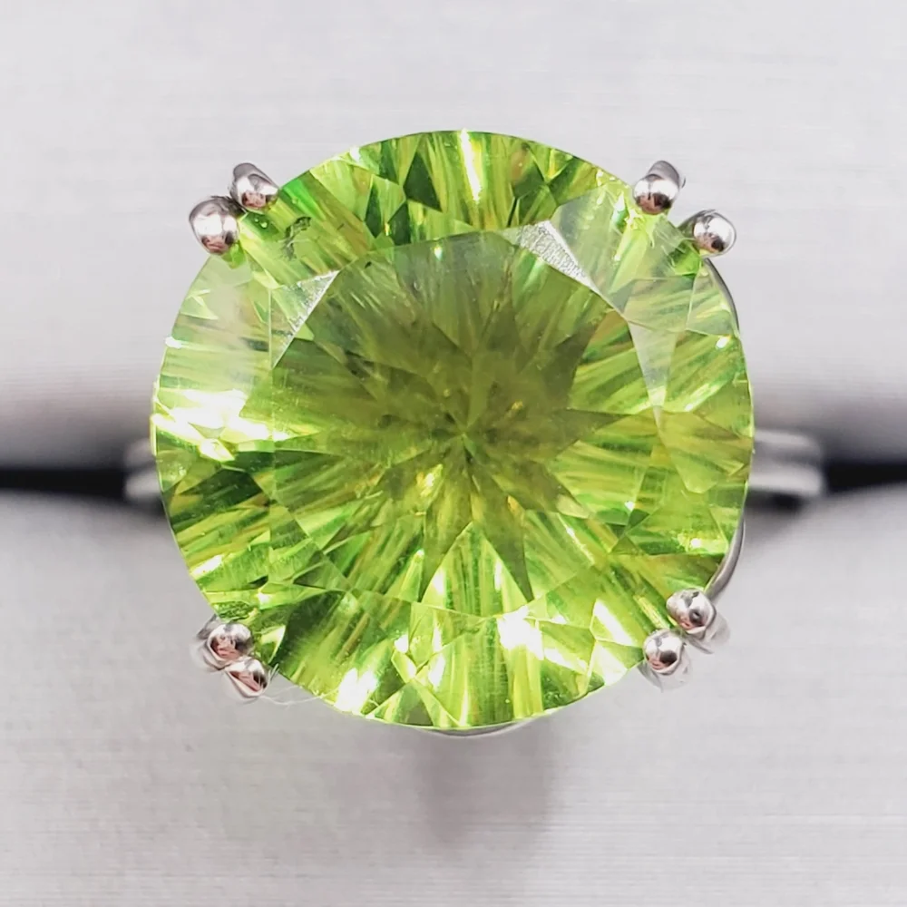 Concave Cut Chartreuse Quartz & White Zircon Platinum | 925 Sterling Silver Ring